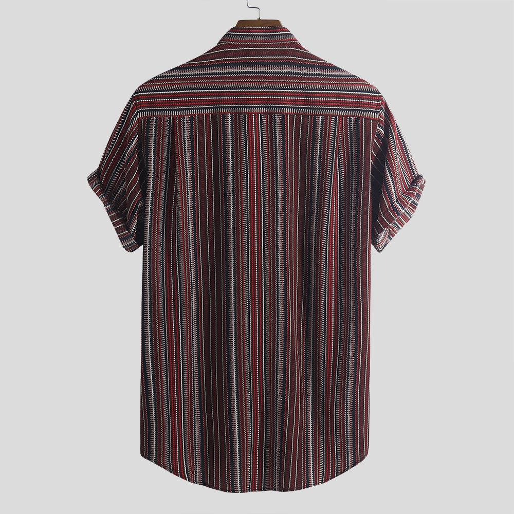 Men Short Sleeves Striped Stand Collar Shirt