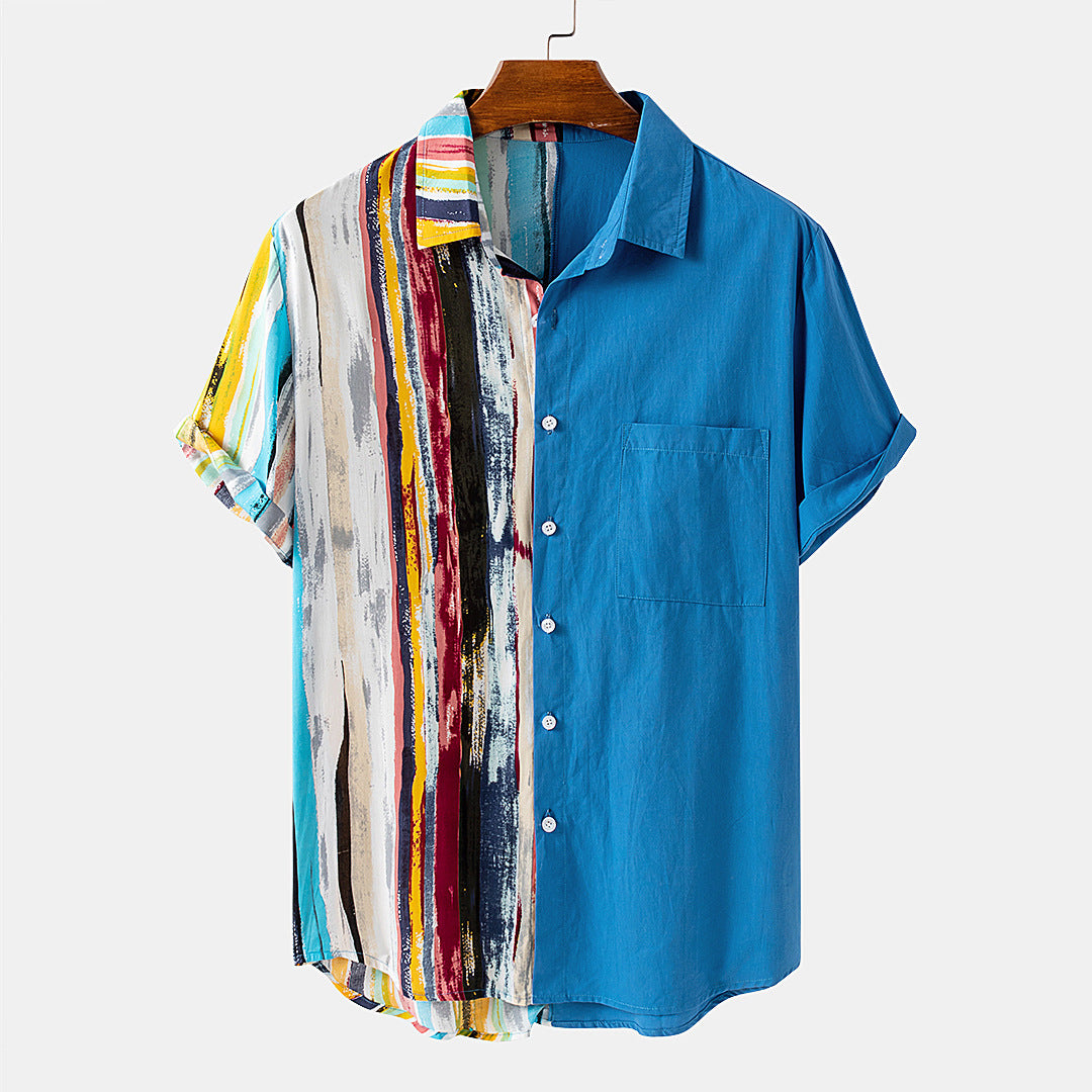 2021 spring and summer new cotton and linen stitching lapel cardigan button short-sleeved men's shirt