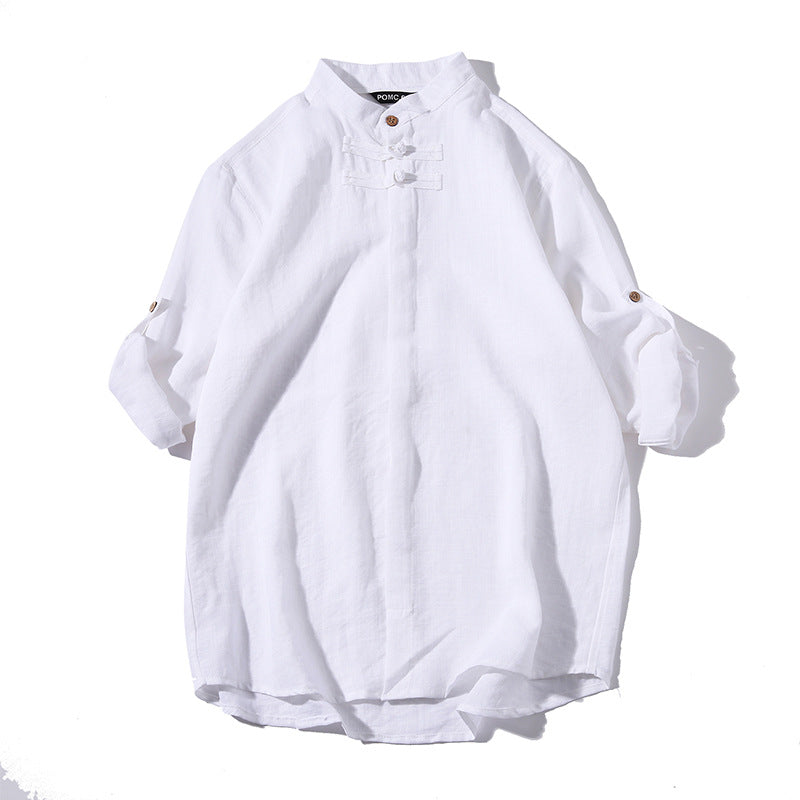 Men's disc button retro solid color cotton and linen shirt