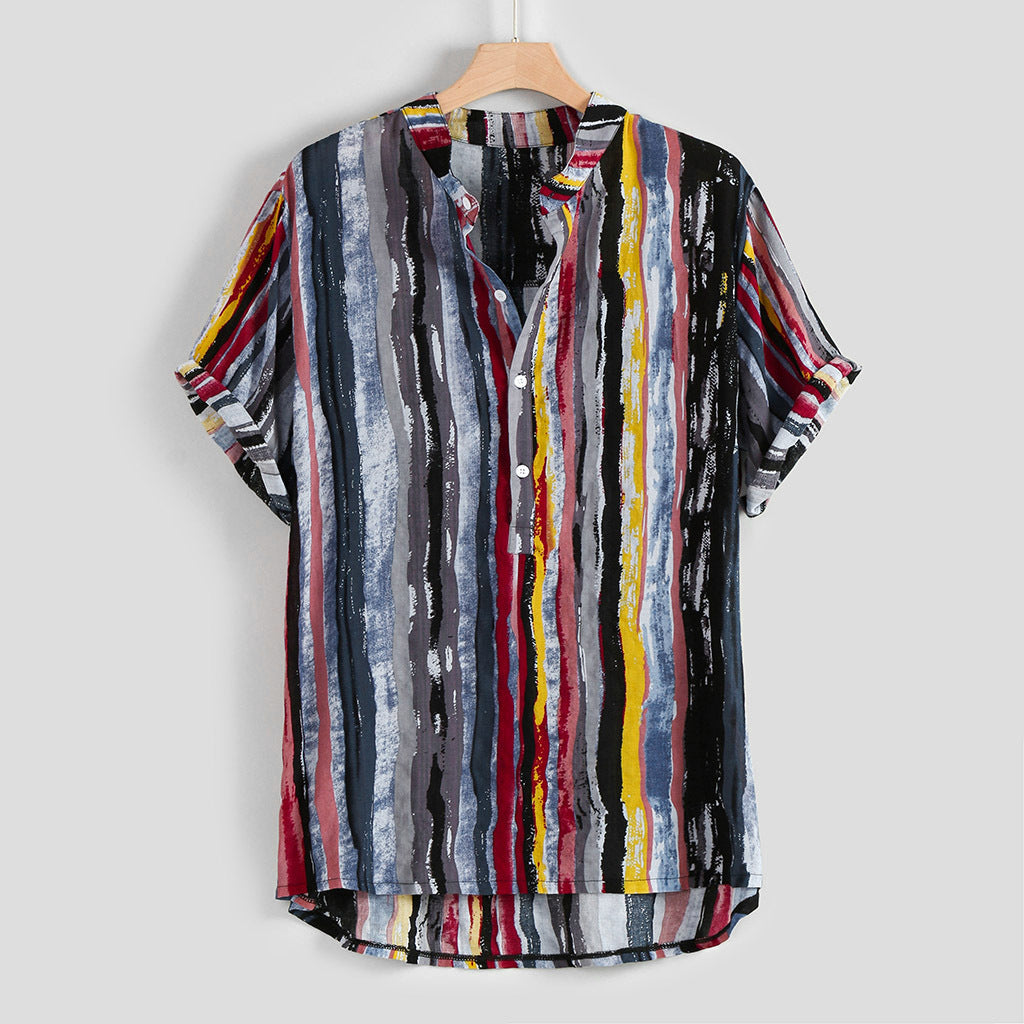 Men's stand-up collar cotton and linen printed short-sleeved shirt top