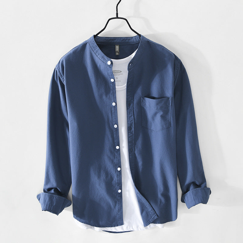Men's linen shirt fashion stand-up collar solid color simple youth long-sleeved cotton shirt
