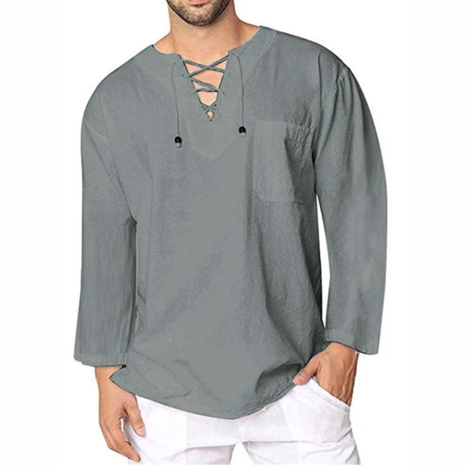 Men's Plain Lace-Up Casual Loose Spring Shirt