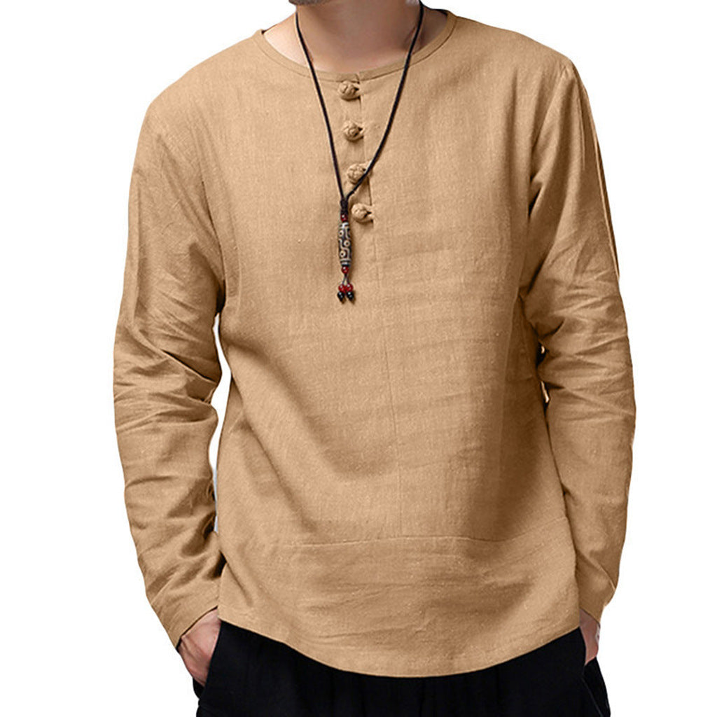 Men's casual cotton and linen long-sleeved T-shirt