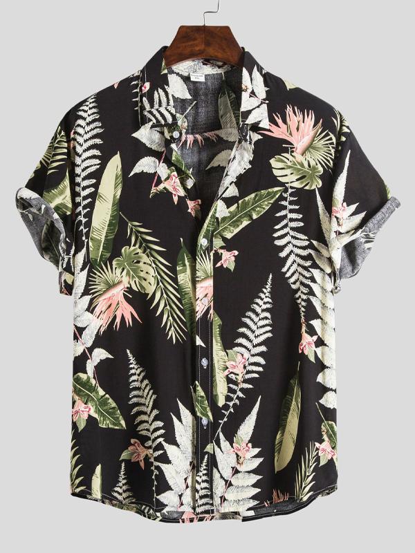 Men Short Sleeves Lapel Hawaii Style Shirt