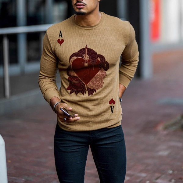 Mens Brown Printed Knit Long Sleeve T-Shirt