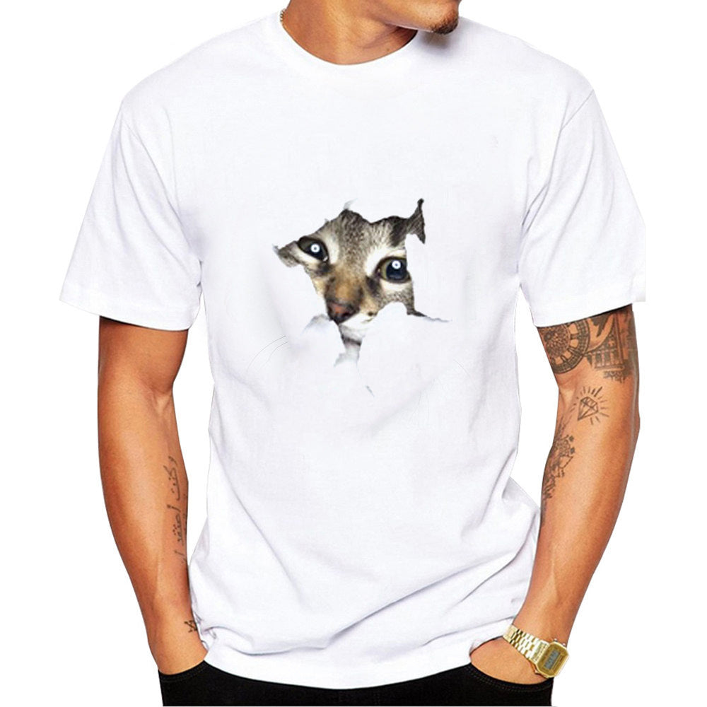 Men's Torn Paper Cat Print Short Sleeves Casual Tees