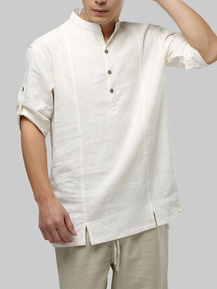 Mens 100% Cotton National Style Three-quarter Sleeve Plain Loose Henley Shirts