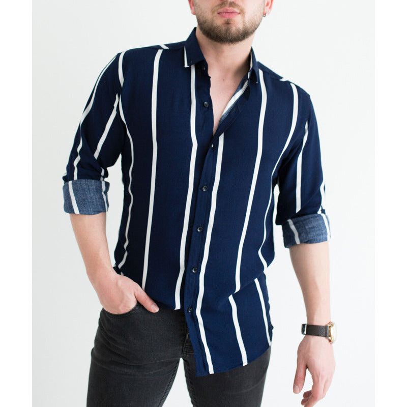 Men's Blouse Thick Stripe Business Long Sleeve Shirt Fashion