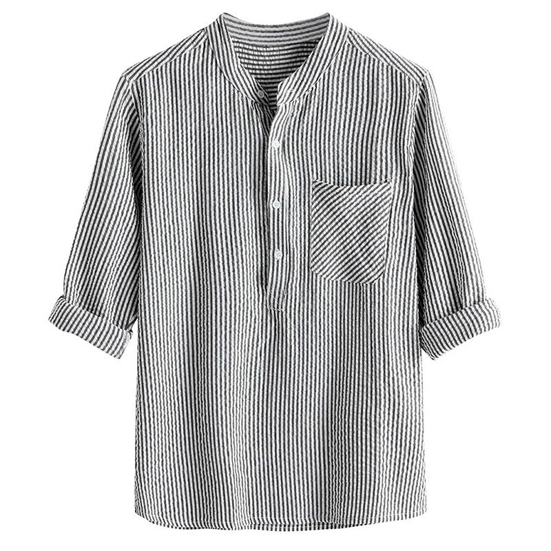 2021 new men's long-sleeved shirt striped long-sleeved shirt linen shirt
