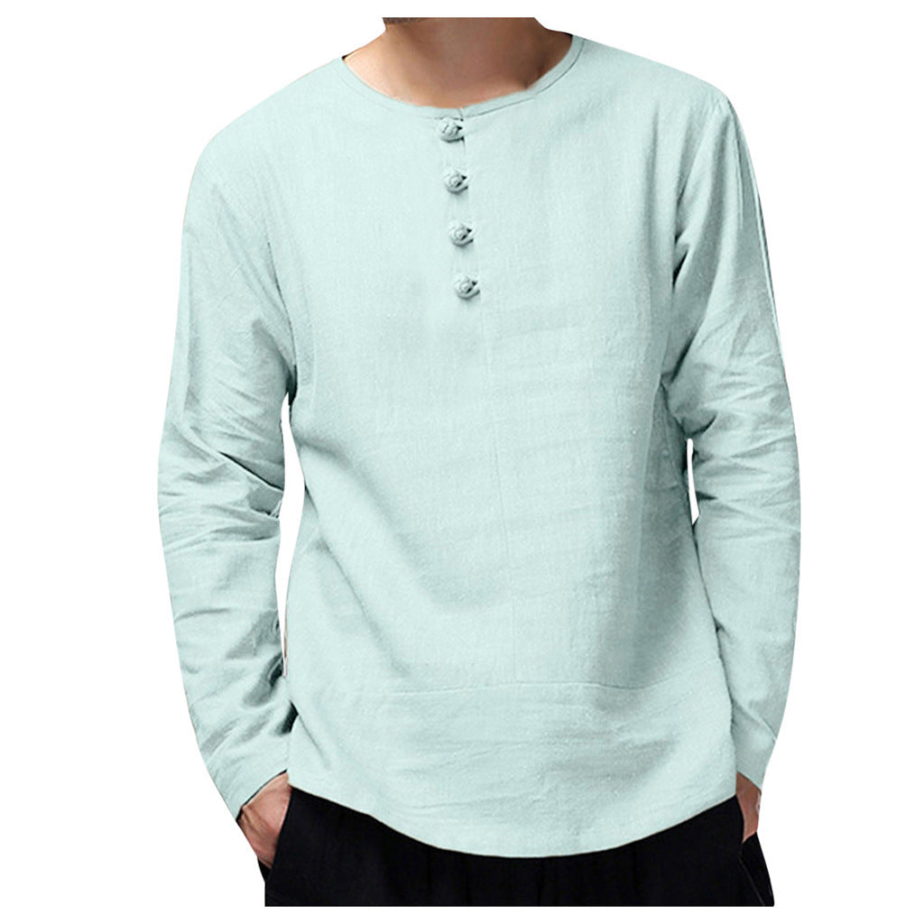 Men's casual cotton and linen long-sleeved T-shirt