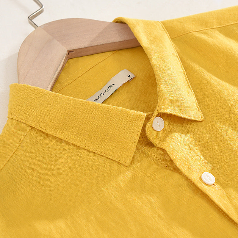 Pure color linen shirt youth loose square collar pocket linen shirt