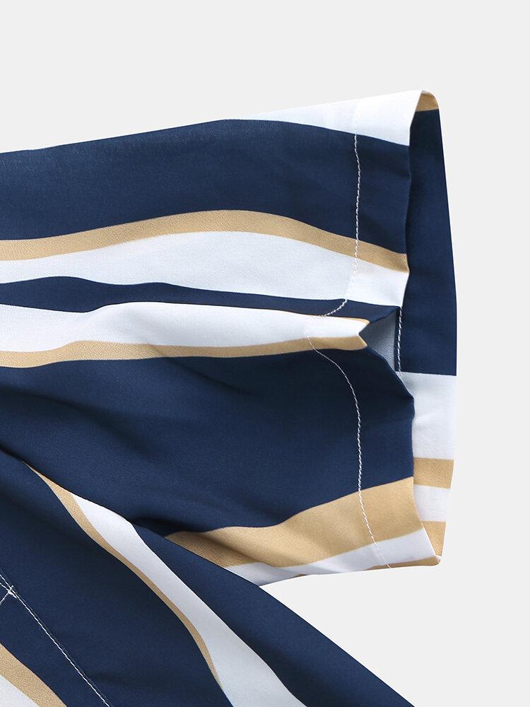 Men Short Sleeves Lapel Striped Pocket Shirt