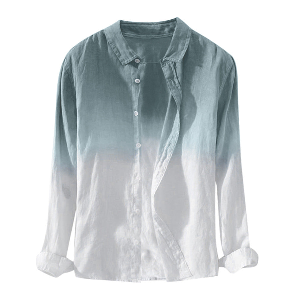 Men's casual gradient color cotton and linen long-sleeved shirt