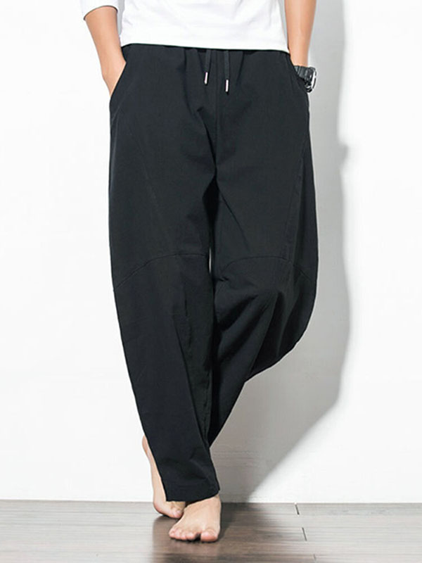 Men's Casual Baggy 100% Cotton Harem Pants Solid Color Loose Wide Leg Pants