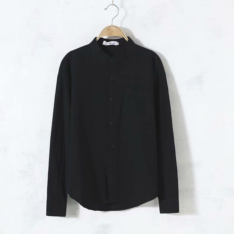 Men's solid color cotton and linen long-sleeved shirt