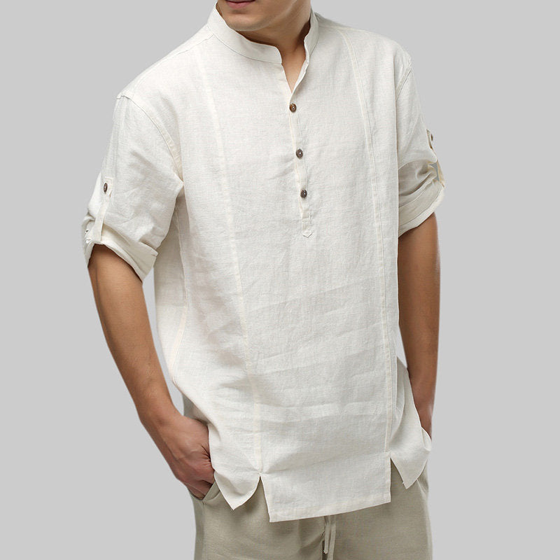 Mens 100% Cotton National Style Three-quarter Sleeve Plain Loose Henley Shirts