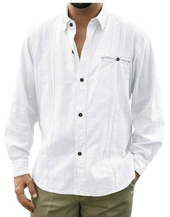 Men's solid color long-sleeved linen shirt lapel button cardigan shirt