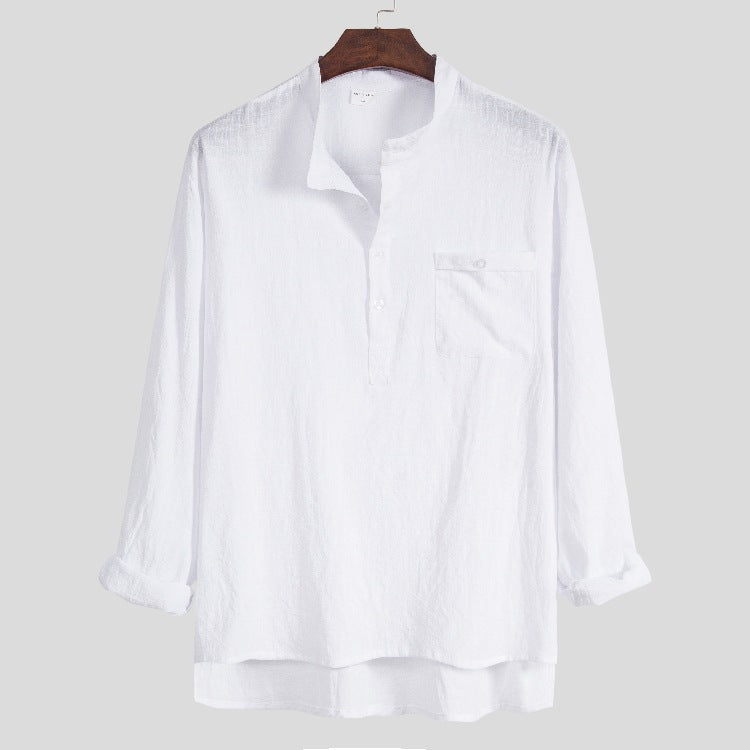 Men's solid color cotton, linen and linen long-sleeved shirt