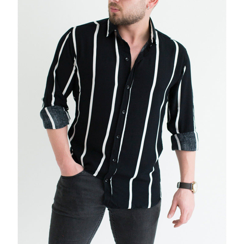 Men's Blouse Thick Stripe Business Long Sleeve Shirt Fashion