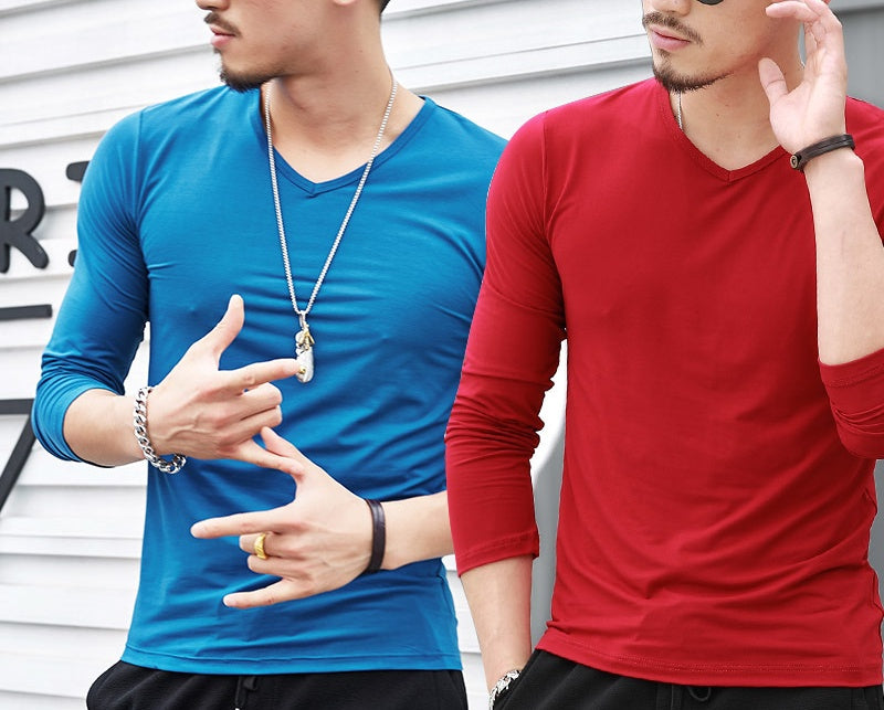 Men's Solid color V-neck Long-Sleeve Premium Casual T-Shirt
