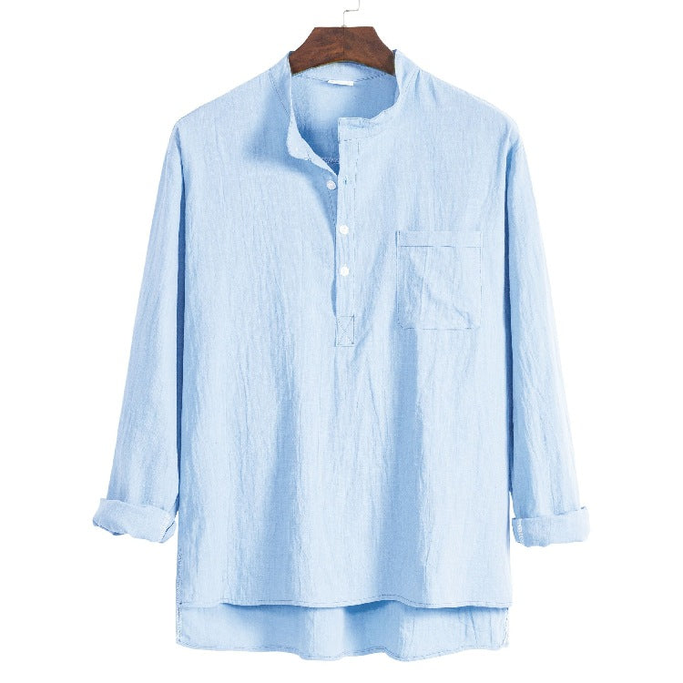 Men's solid color cotton, linen and linen long-sleeved shirt