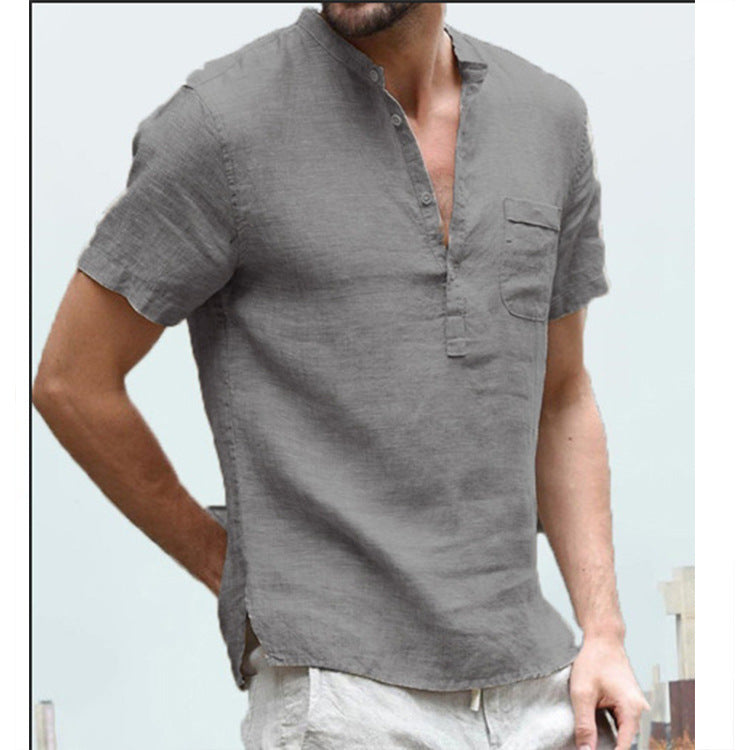 2021 summer new linen short-sleeved men's T-shirt stand-up collar buttoned half-fronted simple short-sleeved shirt