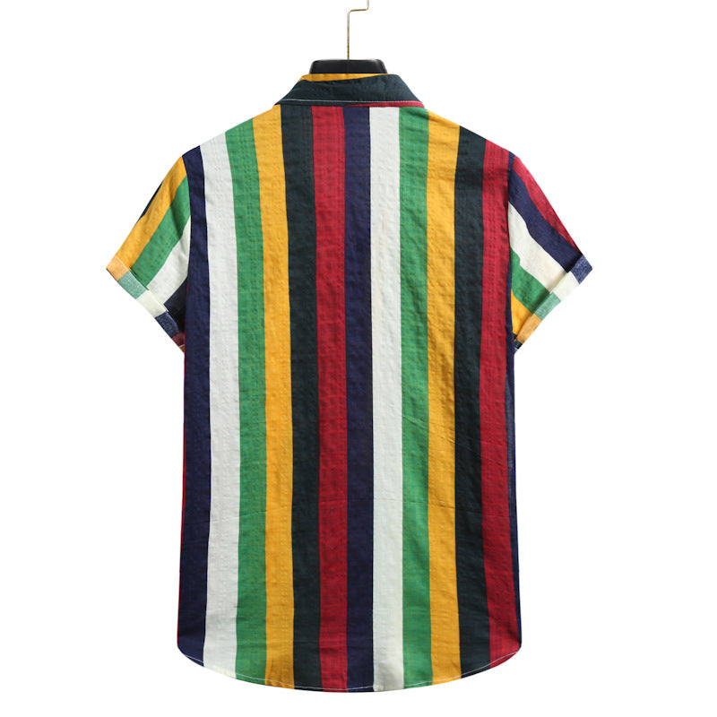 Solid color striped men's casual loose short-sleeved men's shirt