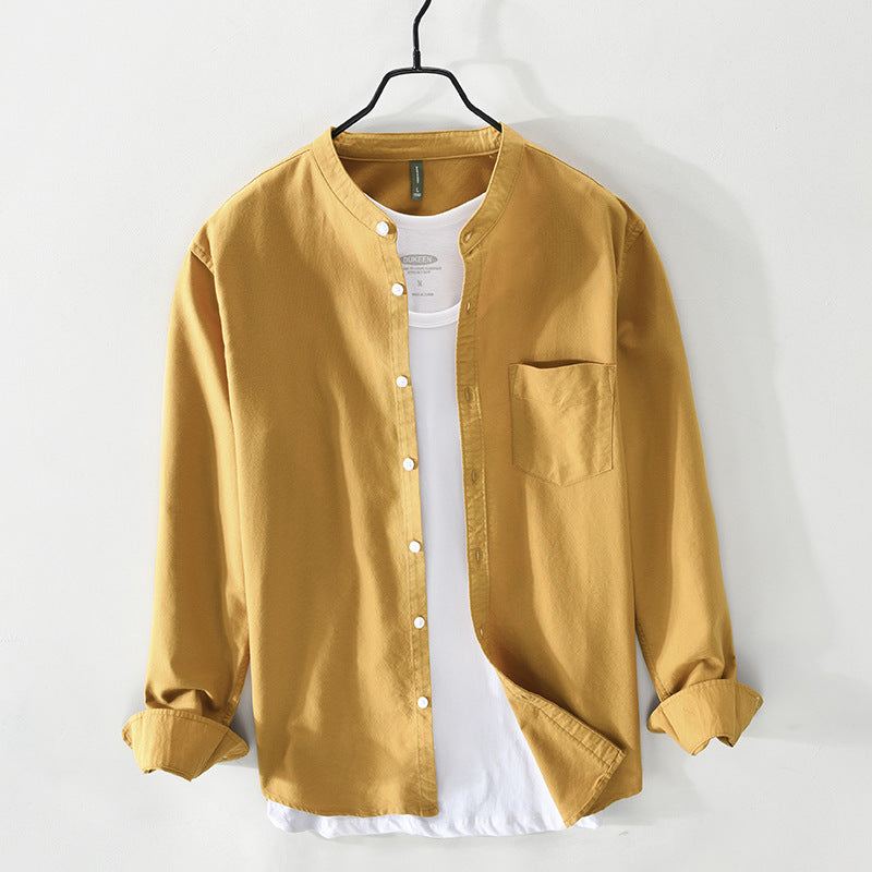 Men's linen shirt fashion stand-up collar solid color simple youth long-sleeved cotton shirt