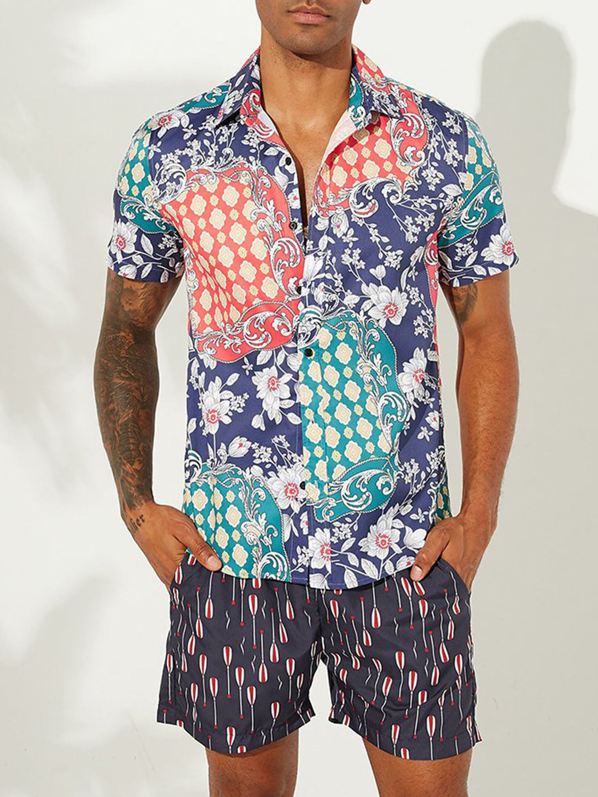 Men Ethnic Printed Short Sleeves Lapel Shirt