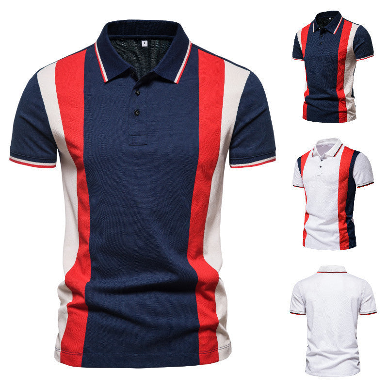 Men's Large SizeColor Stripe Color Matching Slim Fit Business Casual Lapel Collar Polo Shirts Golf Shirt
