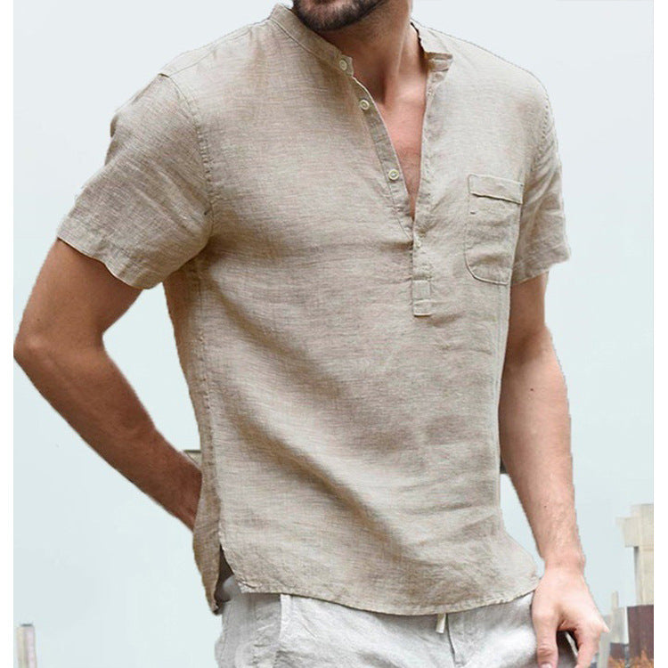 2021 summer new linen short-sleeved men's T-shirt stand-up collar buttoned half-fronted simple short-sleeved shirt