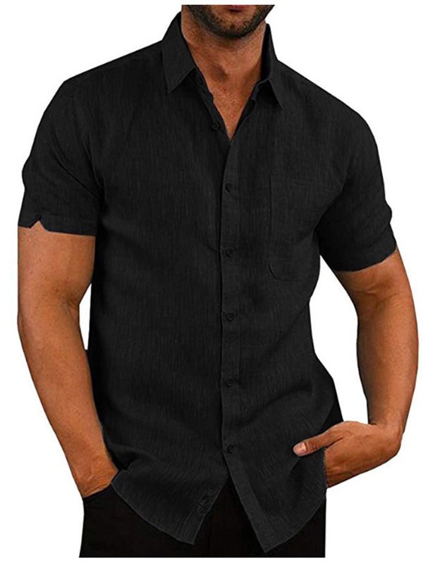 Men's solid color short-sleeved linen buttons shirt
