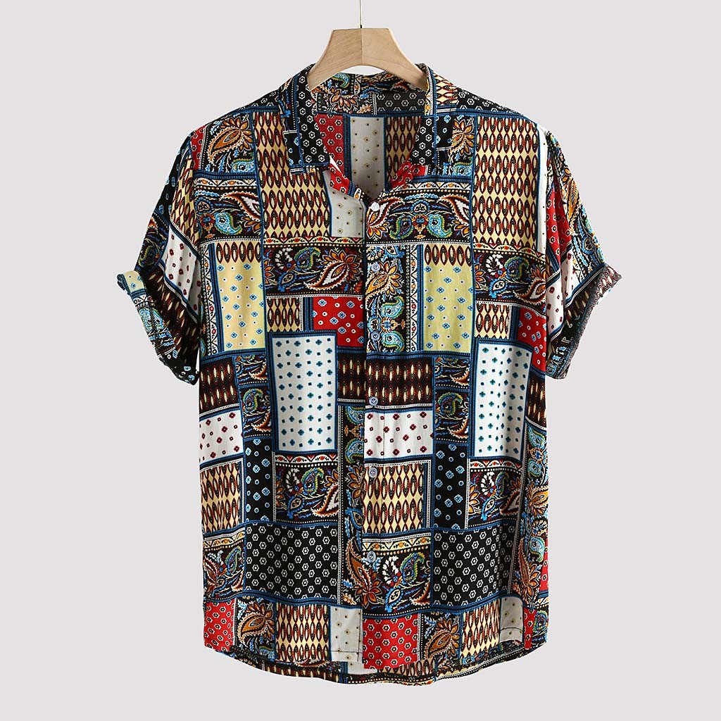 Men's linen printed short-sleeved shirt