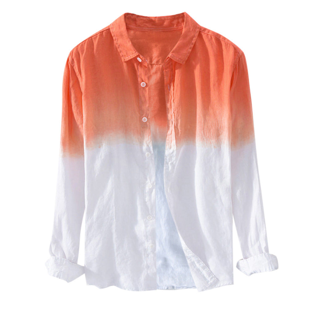 Men's casual gradient color cotton and linen long-sleeved shirt