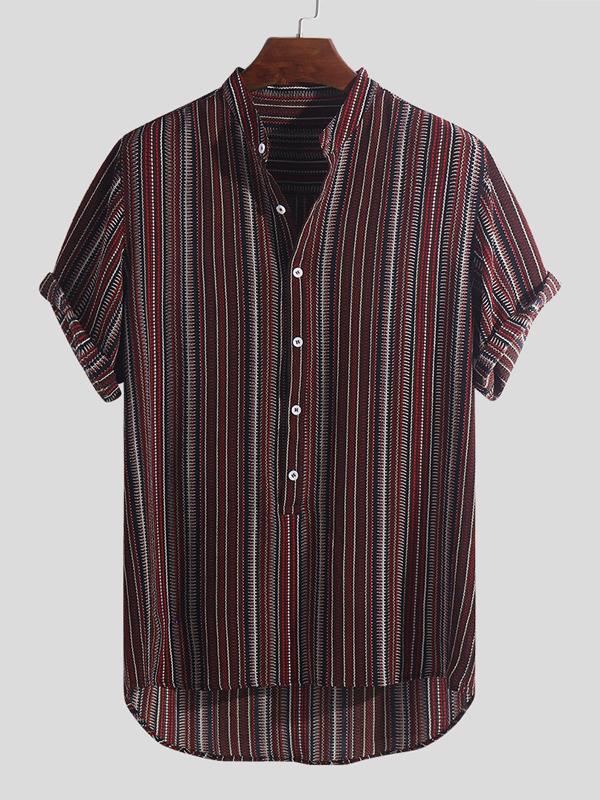 Men Short Sleeves Striped Stand Collar Shirt