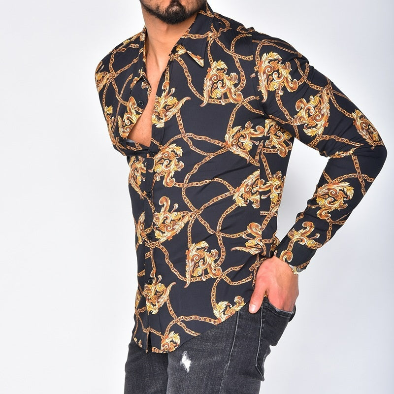 Men's Printed Cardigan Casual Lapel Long Sleeve Shirt