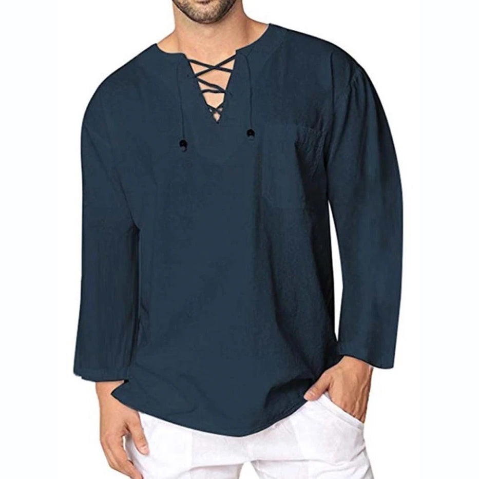 Men's Plain Lace-Up Casual Loose Spring Shirt