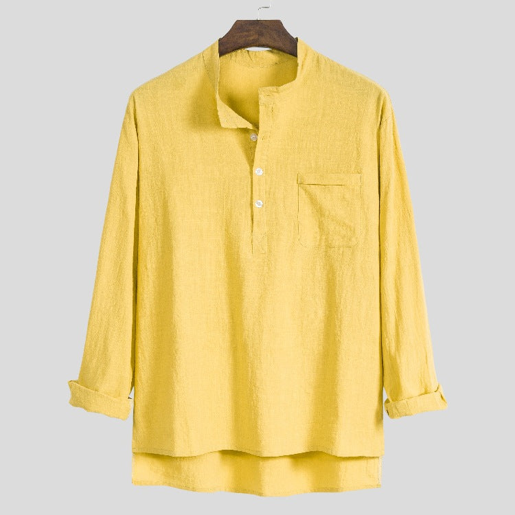 Men's solid color cotton, linen and linen long-sleeved shirt