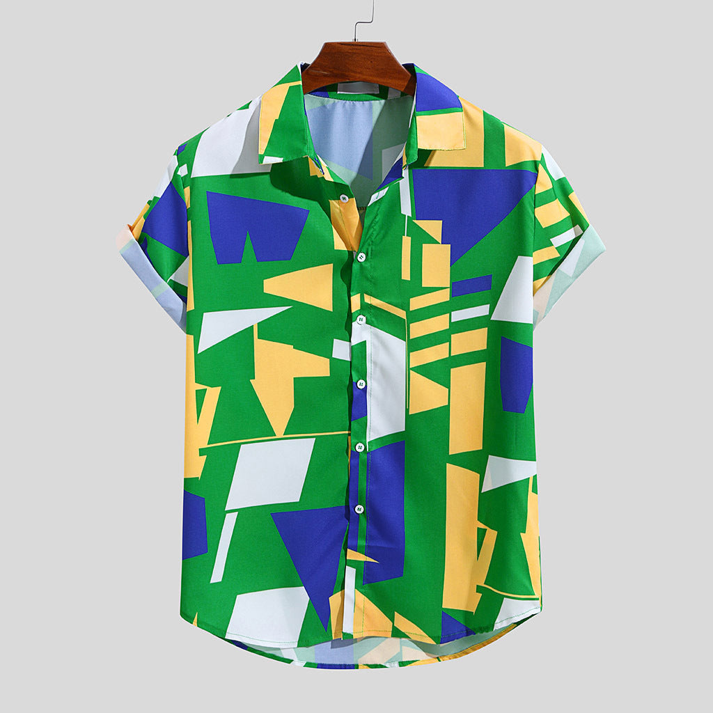 2021 men's printed short-sleeved holiday style seaside shirt men's plus size loose beach shirt