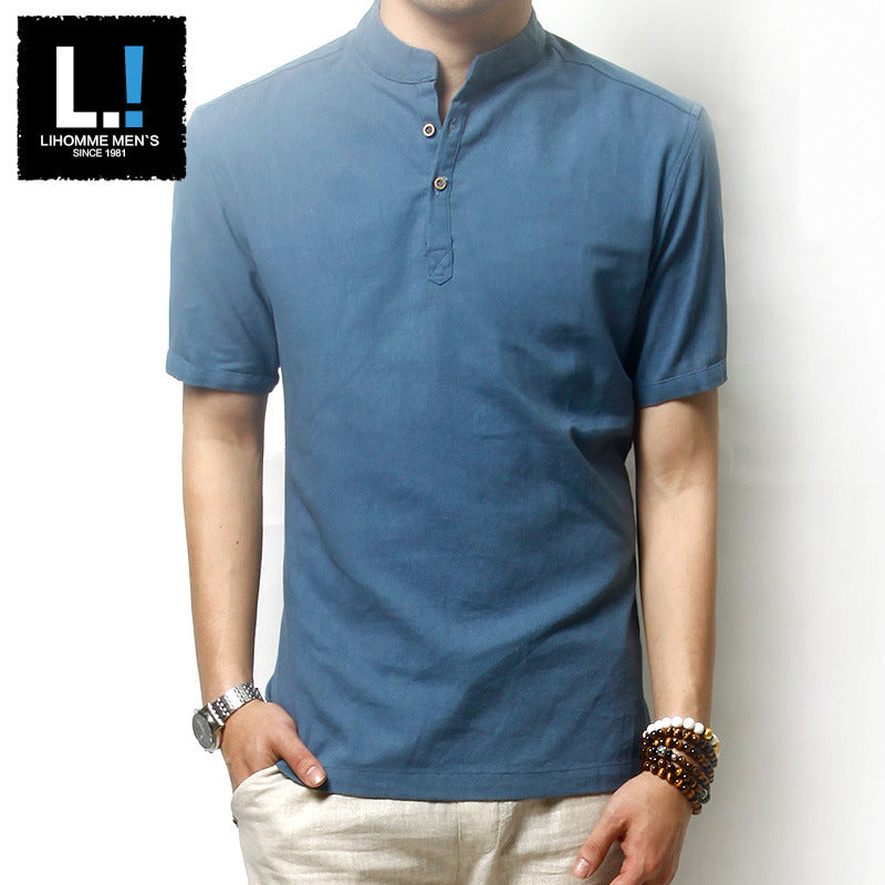 Men's short-sleeved casual stand-collar linen shirt