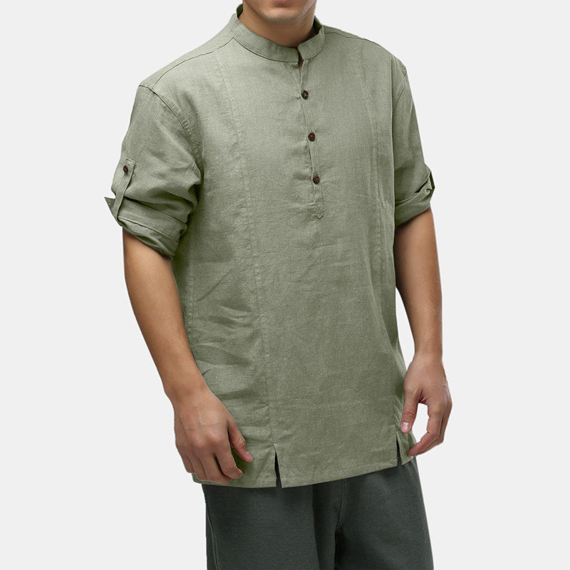 Mens 100% Cotton National Style Three-quarter Sleeve Plain Loose Henley Shirts