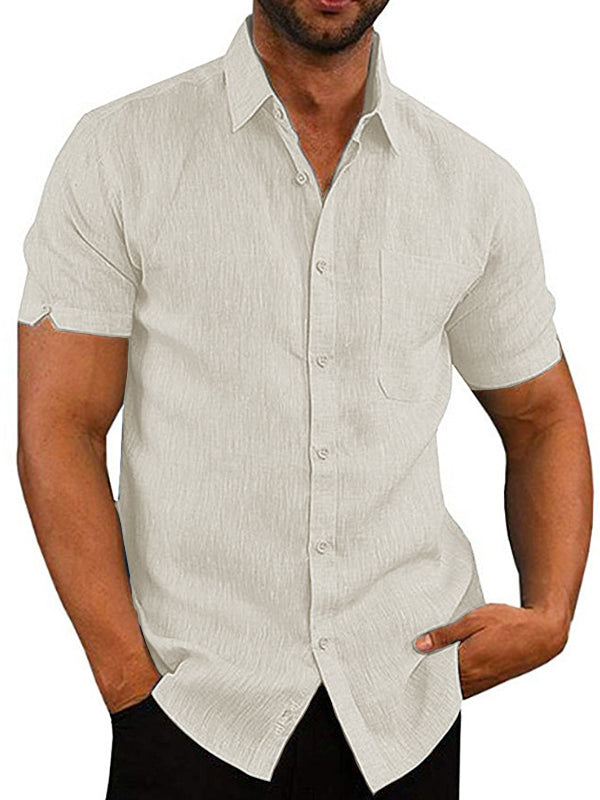 Men's solid color short-sleeved linen buttons shirt