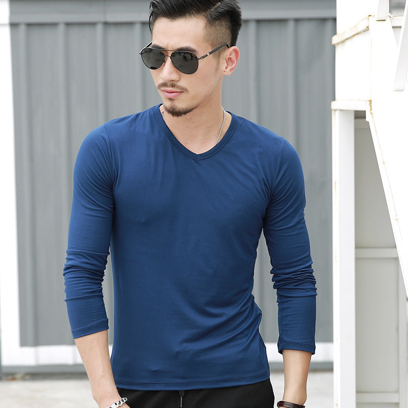 Men's Solid color V-neck Long-Sleeve Premium Casual T-Shirt