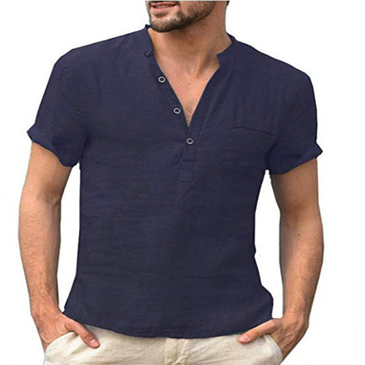 2021 summer new linen short-sleeved men's T-shirt stand-up collar buttoned half-fronted simple short-sleeved shirt