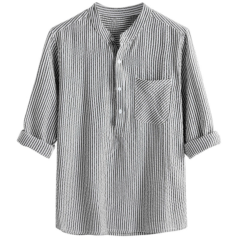 2021 new men's long-sleeved shirt striped long-sleeved shirt linen shirt