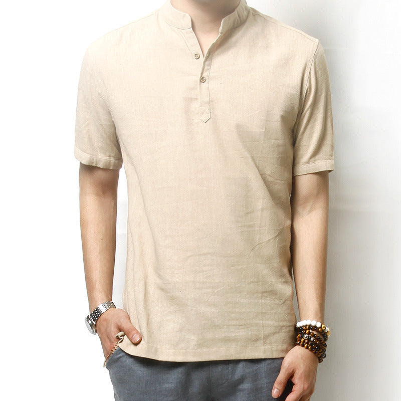 Men's short-sleeved casual stand-collar linen shirt