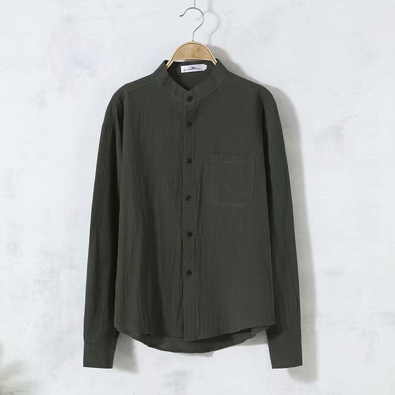 Men's solid color cotton and linen long-sleeved shirt