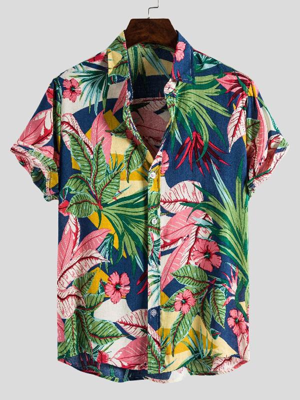 Men Short Sleeves Lapel Hawaii Style Shirt