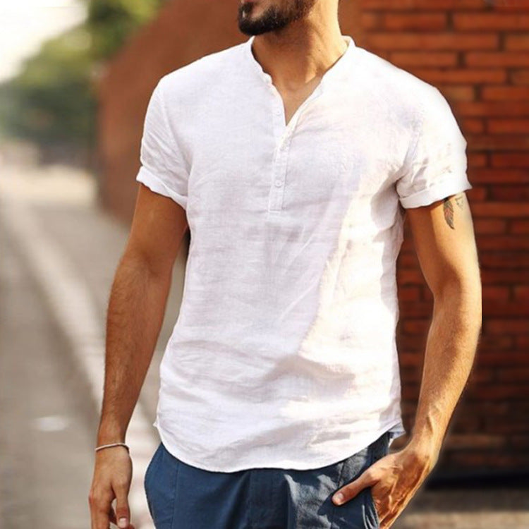 Men's Button Casual Plain Loose Short Sleeve T-shirt