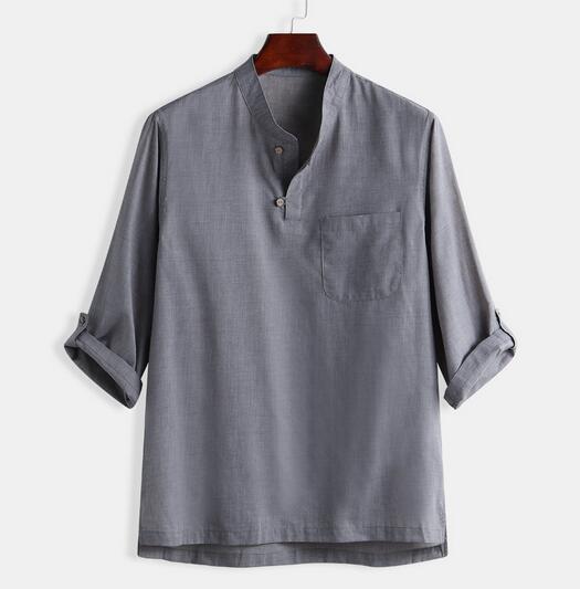 Men's solid color cotton and linen shirt